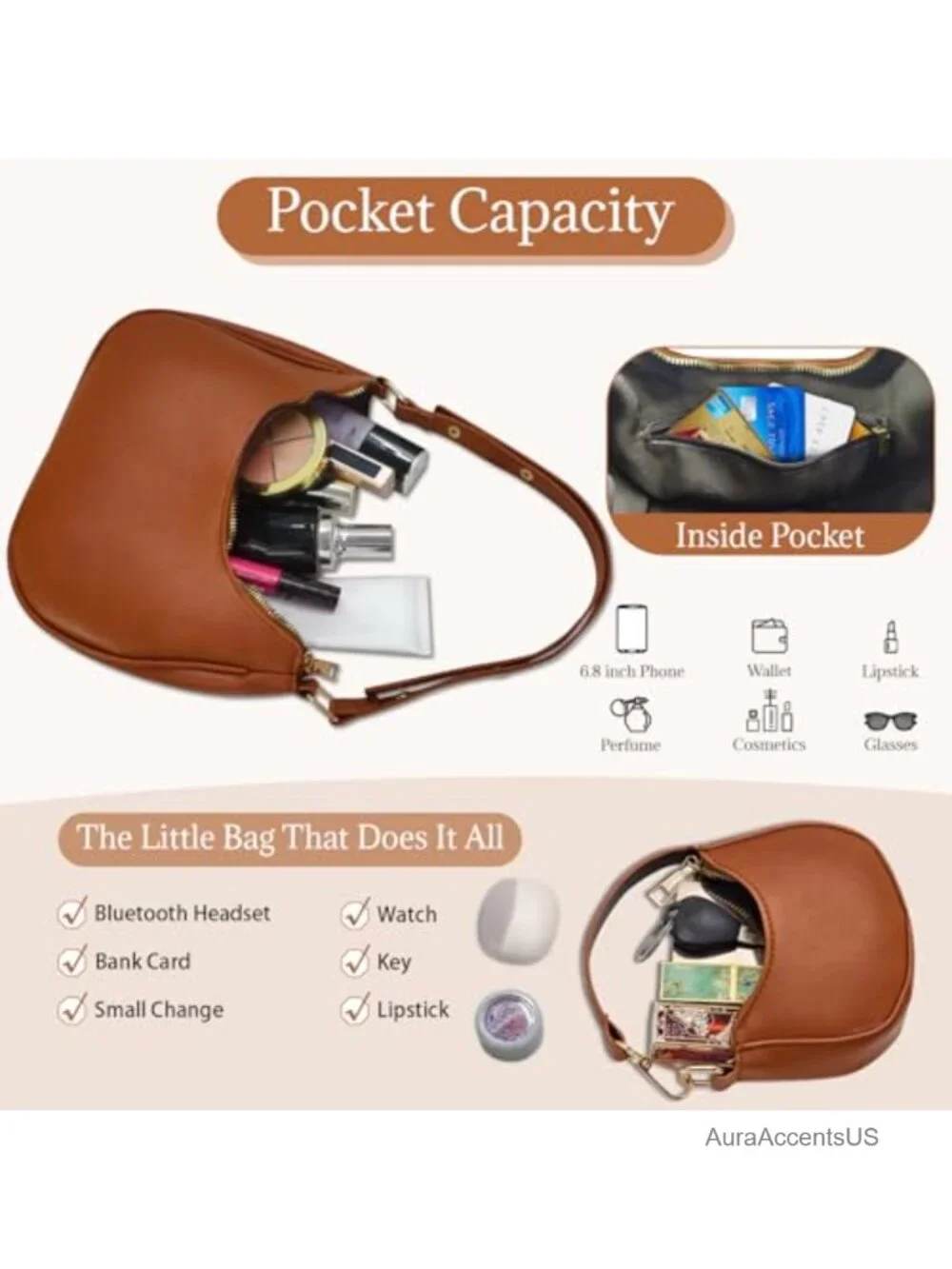 AUDTOPE Crescent Moon Hobo Bag Faux Leather Women's Shoulder Handbag with